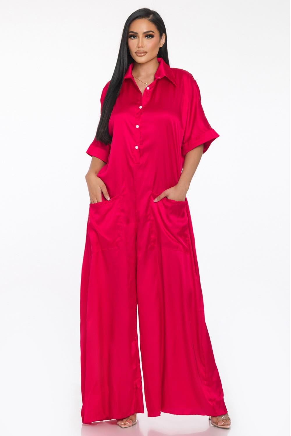 One Size Ruby Allure Satin Jumpsuit