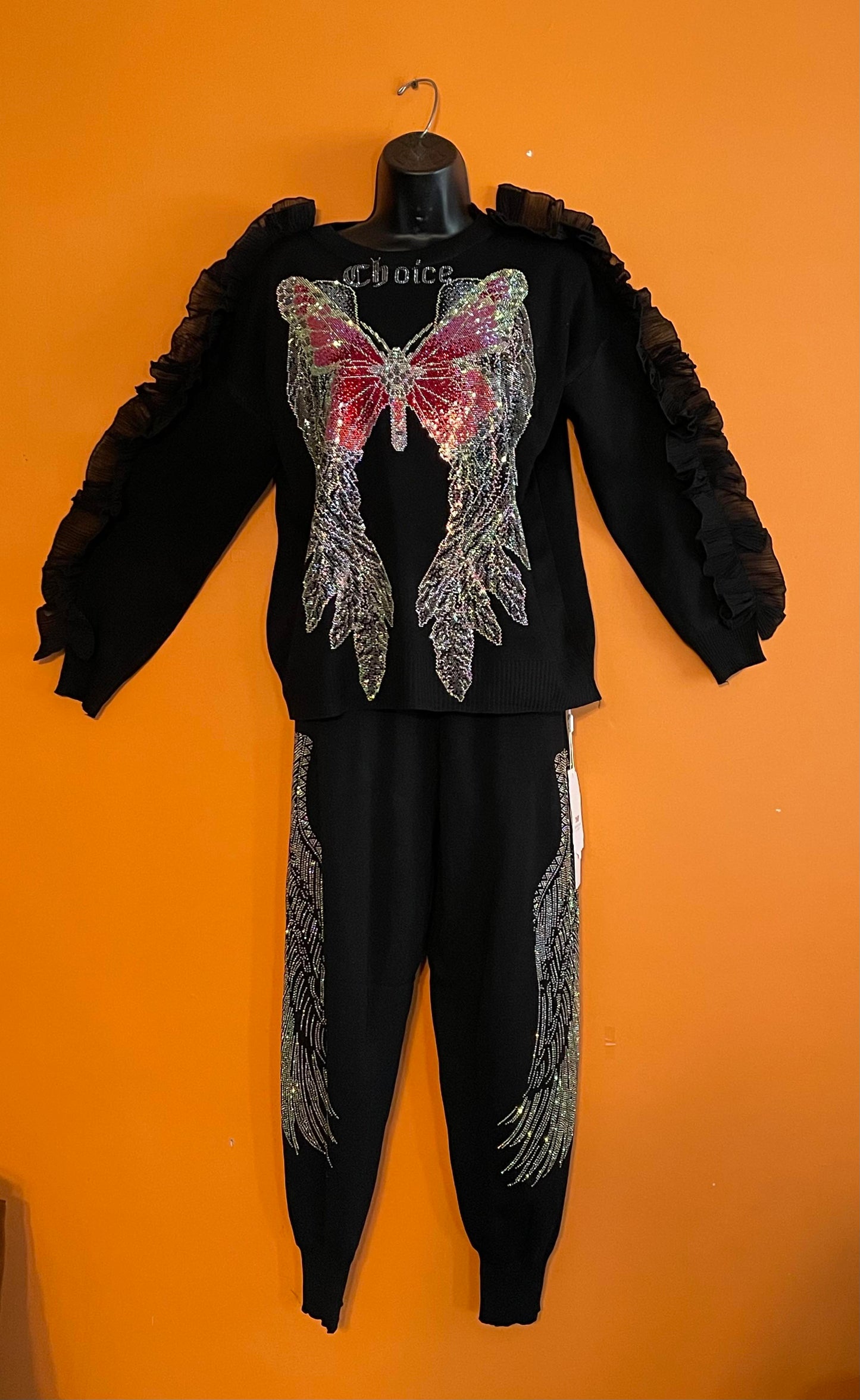 One Size Black Top & Pants Set with Butterfly and Wings Embellishments